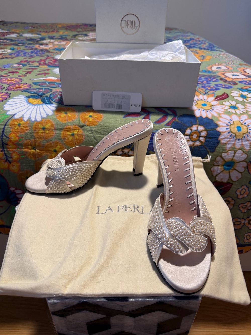 Vintage La Perla Ivory Pearl-Embellished Slide Heels - Picture 4 of 15